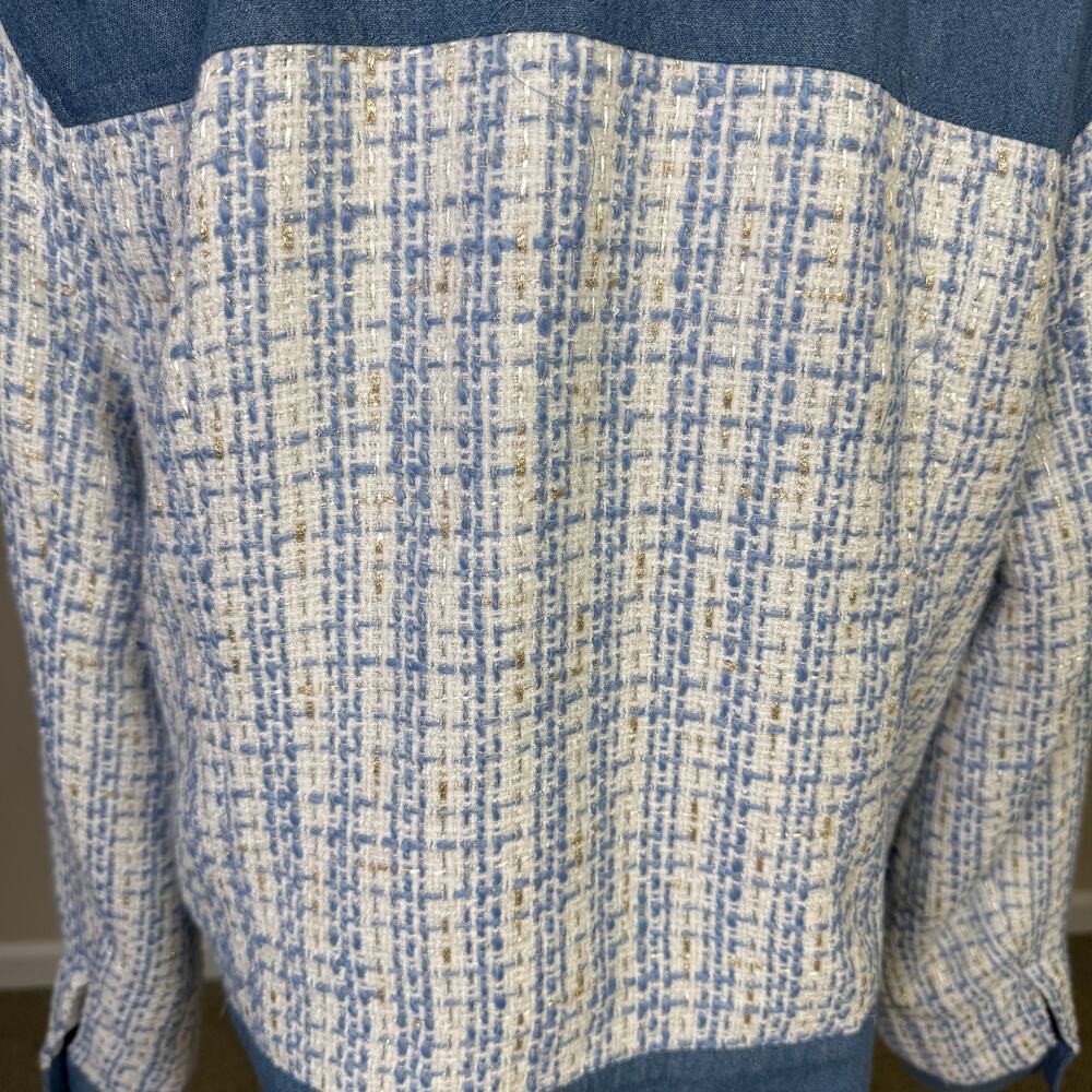 Nanette Lepore Tweed Jacket Denim Trim Boucle Pearl Buttons US Womens L New - Picture 9 of 11
